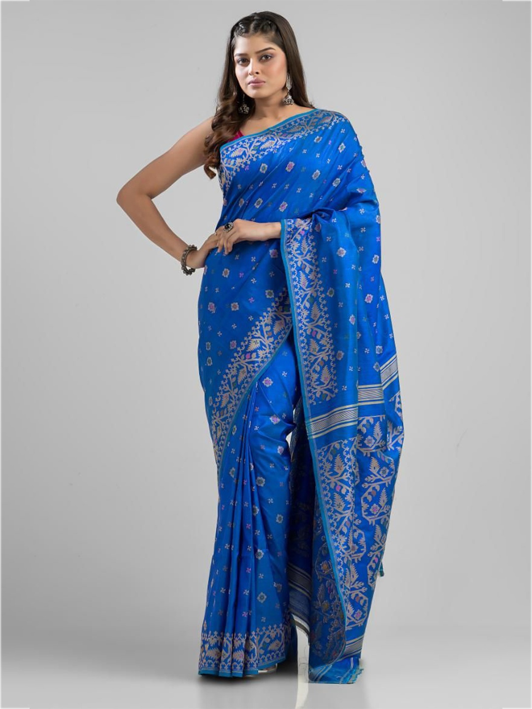

SAJASAJO Ethnic Motifs Pure Silk Saree, Blue