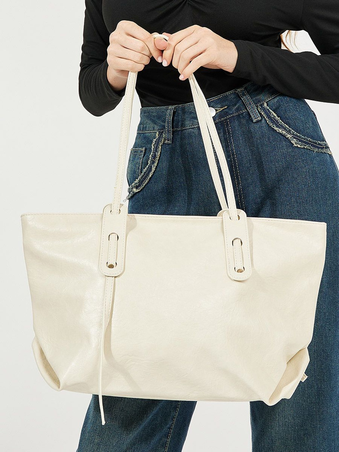 

Styli Texture Strap Detail Tote Bag, Cream