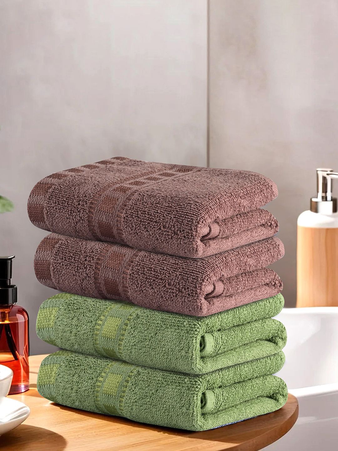 

Kuber Industries Green & Brown 4 Pieces Anti Bacterial 225 GSM Cotton Face Towels