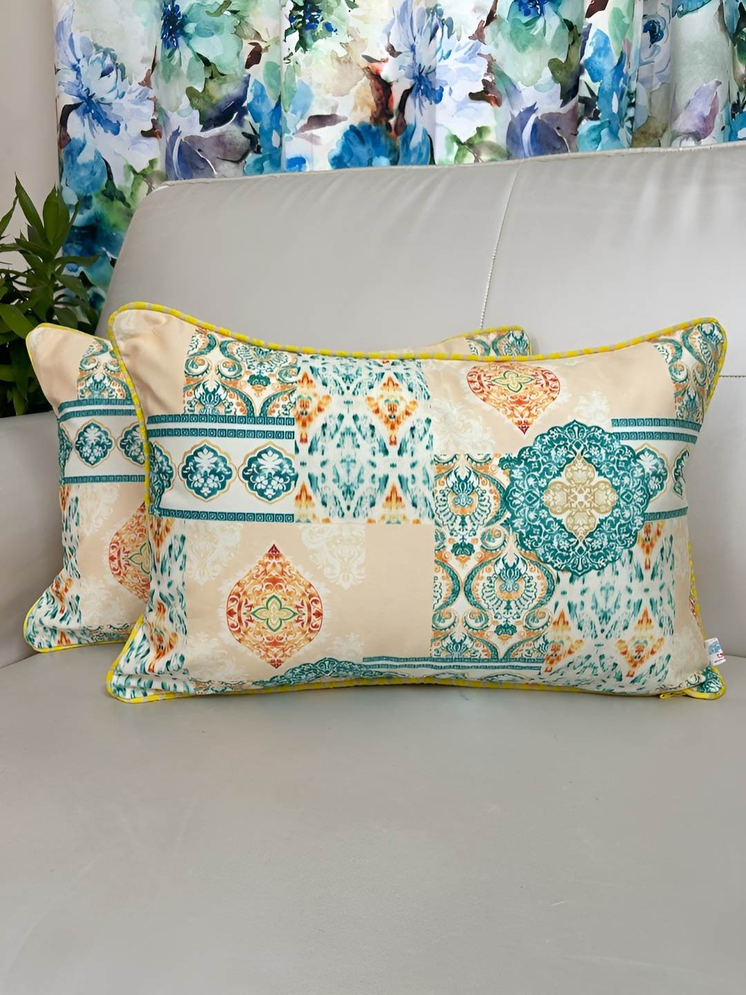 

TARA- Sparkling Homes Yellow & Blue Set of 2 Ethnic Motifs Velvet Rectangle Cushion Covers