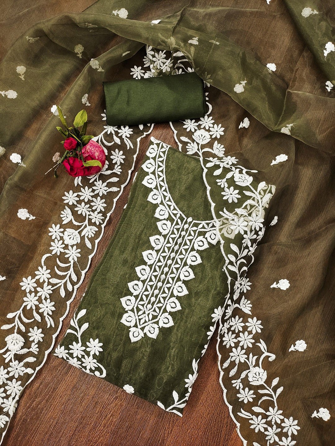 

LeeliPeeri Designer Floral Embroidered Unstitched Dress Material, Olive
