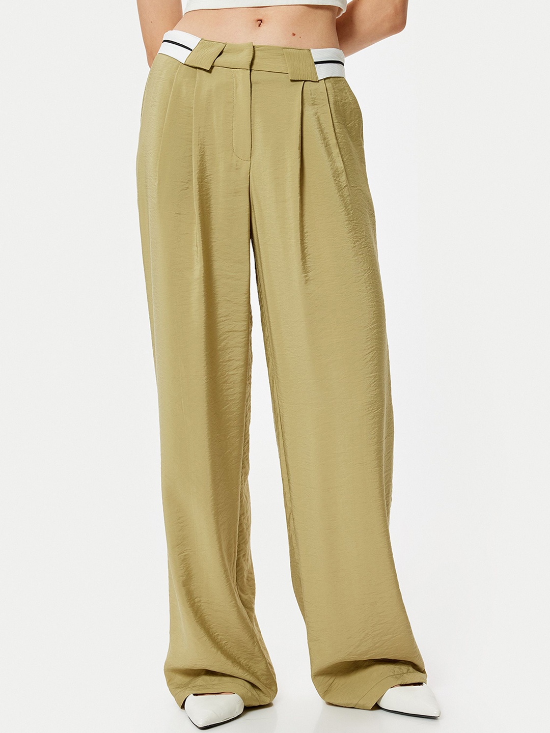 

Koton Women Pleated Parallel Trousers, Khaki