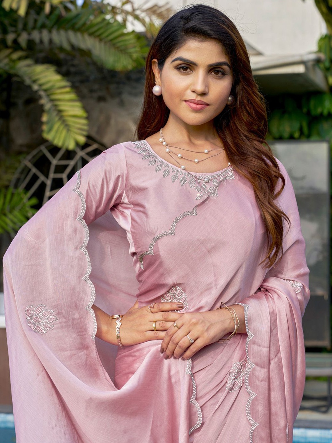 

Saree mall Embellished Beads and Stones Pure Chiffon Sarees, Pink