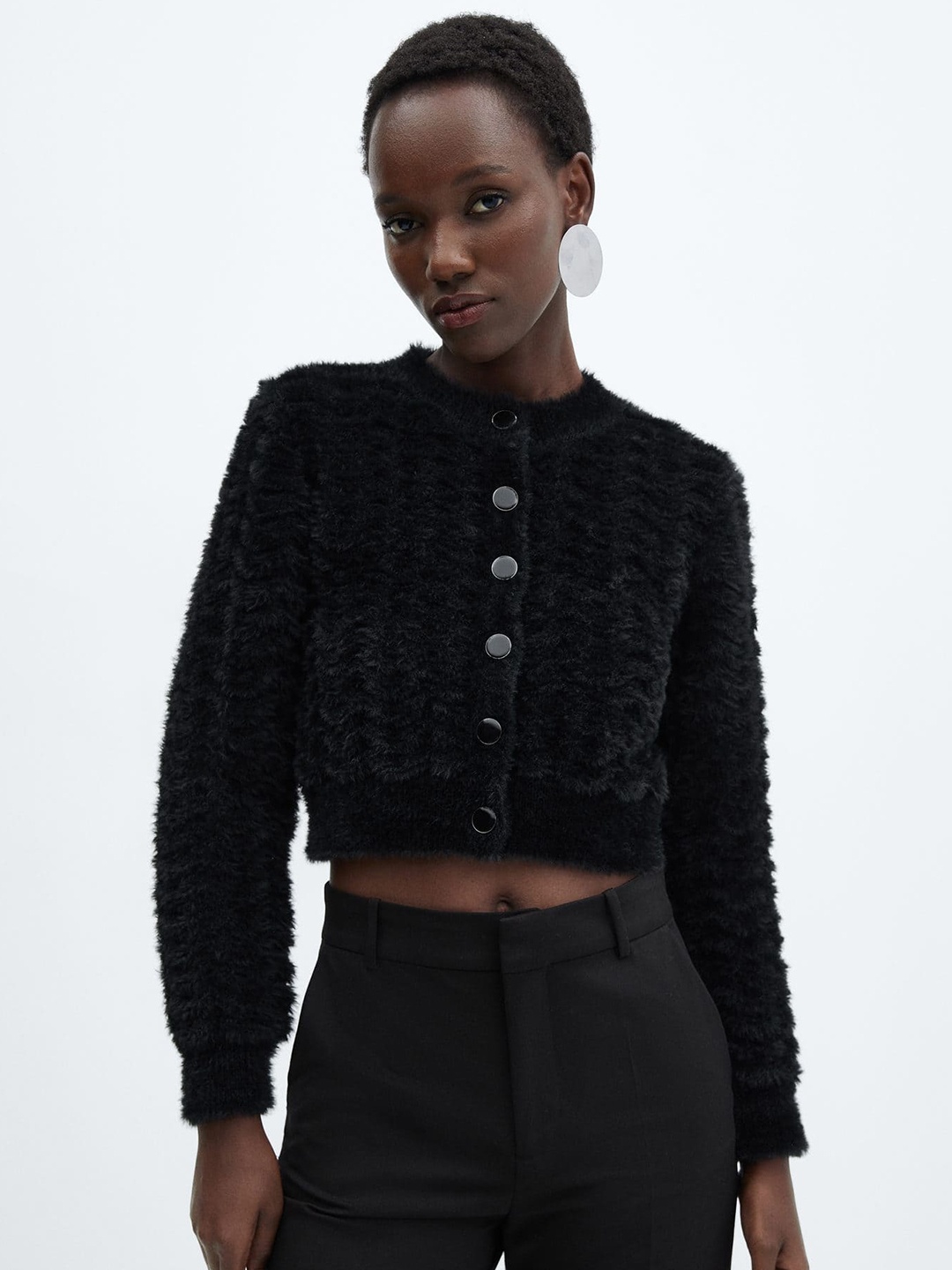 

MANGO Fuzzy Detail Cardigan, Black