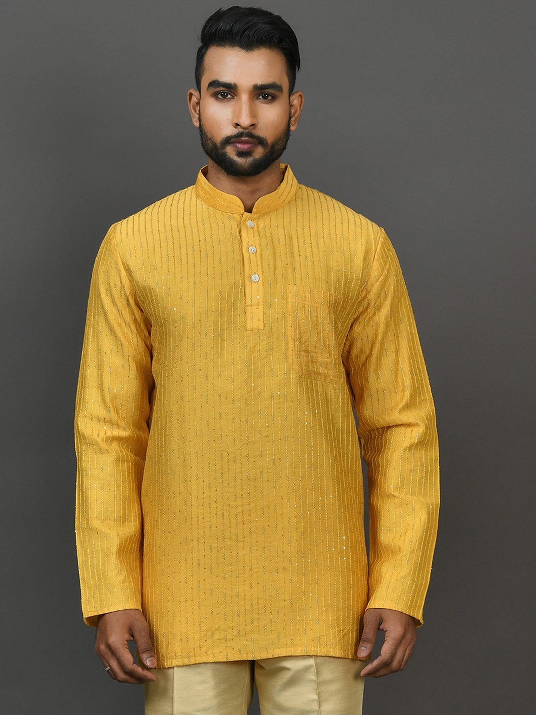 

Sayisha Striped Mandarin Collar Sequins Straight Short Kurta, Yellow