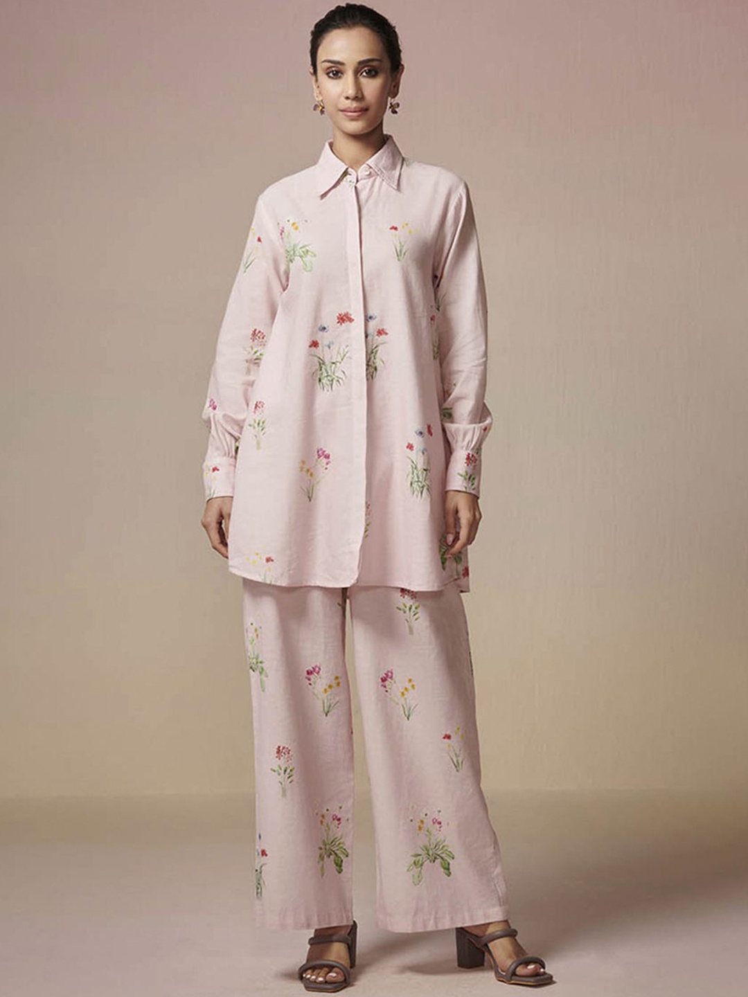 

Dressfolk Vrinda Printed Shirt Collar Linen Cotton Tunic & Trouser, Pink