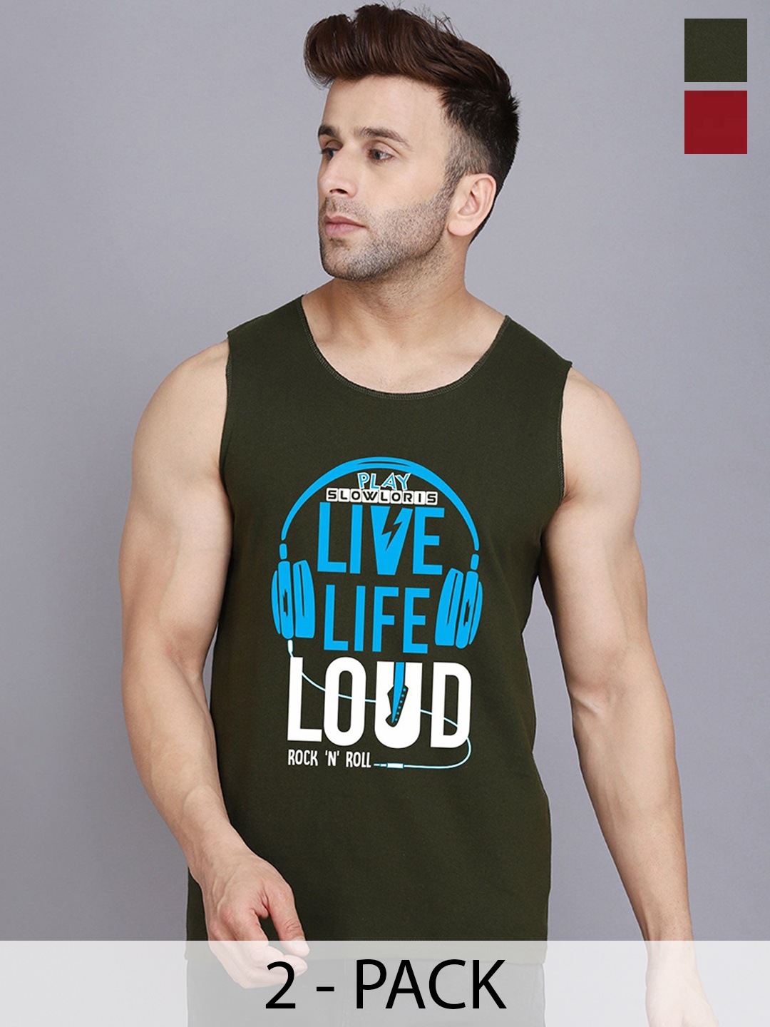 

SLOWLORIS Pack Of 2 Printed Gym Vests, Olive