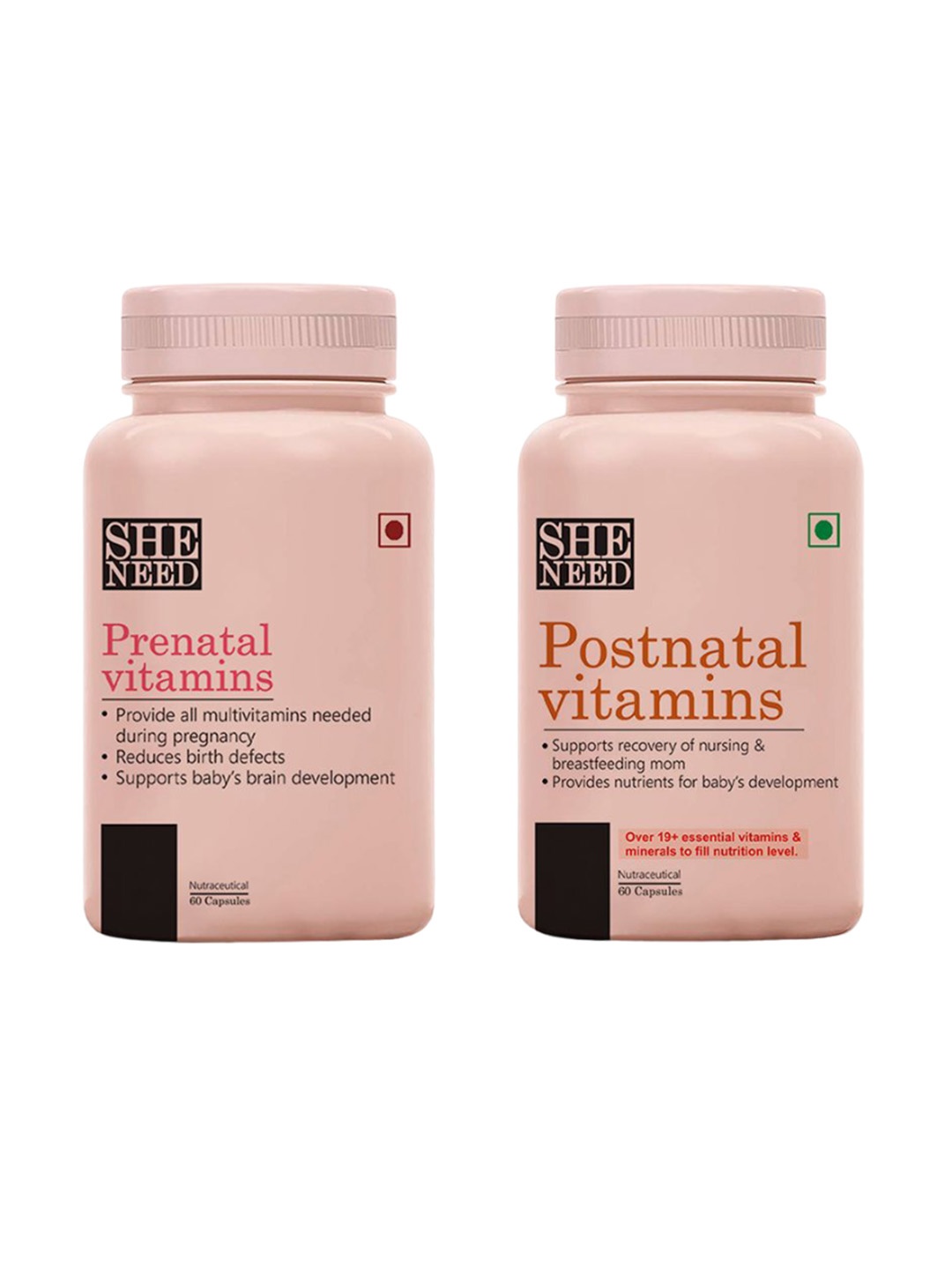 

SHENEED Set Of 2 Prenatal & Postnatal Vitamins Capsules - 60 Capsules Each, Nude