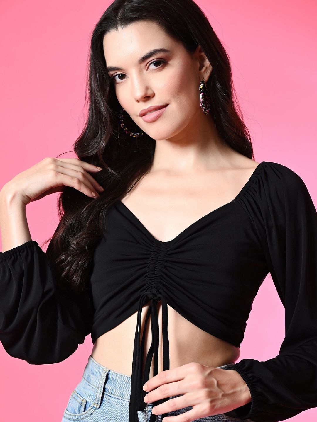 

PANDORNA Puff Sleeve Crop Top, Black