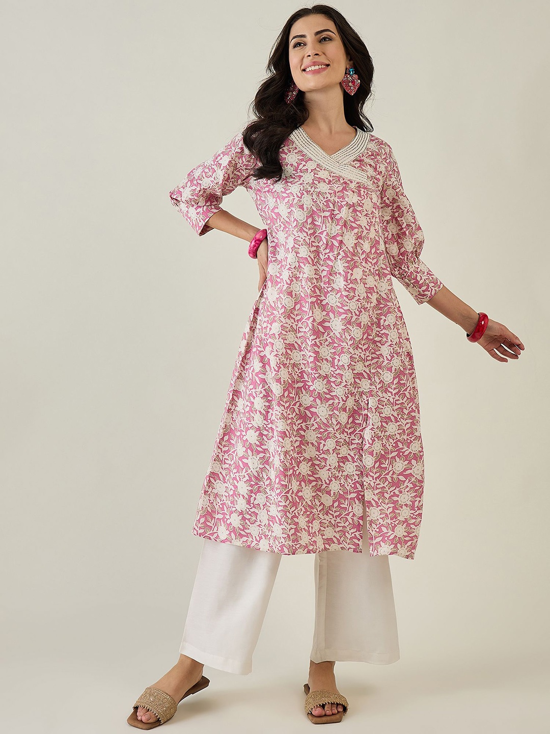 

Madhuni Floral Printed Angrakha A-Line Kurta with Palazzos, Pink