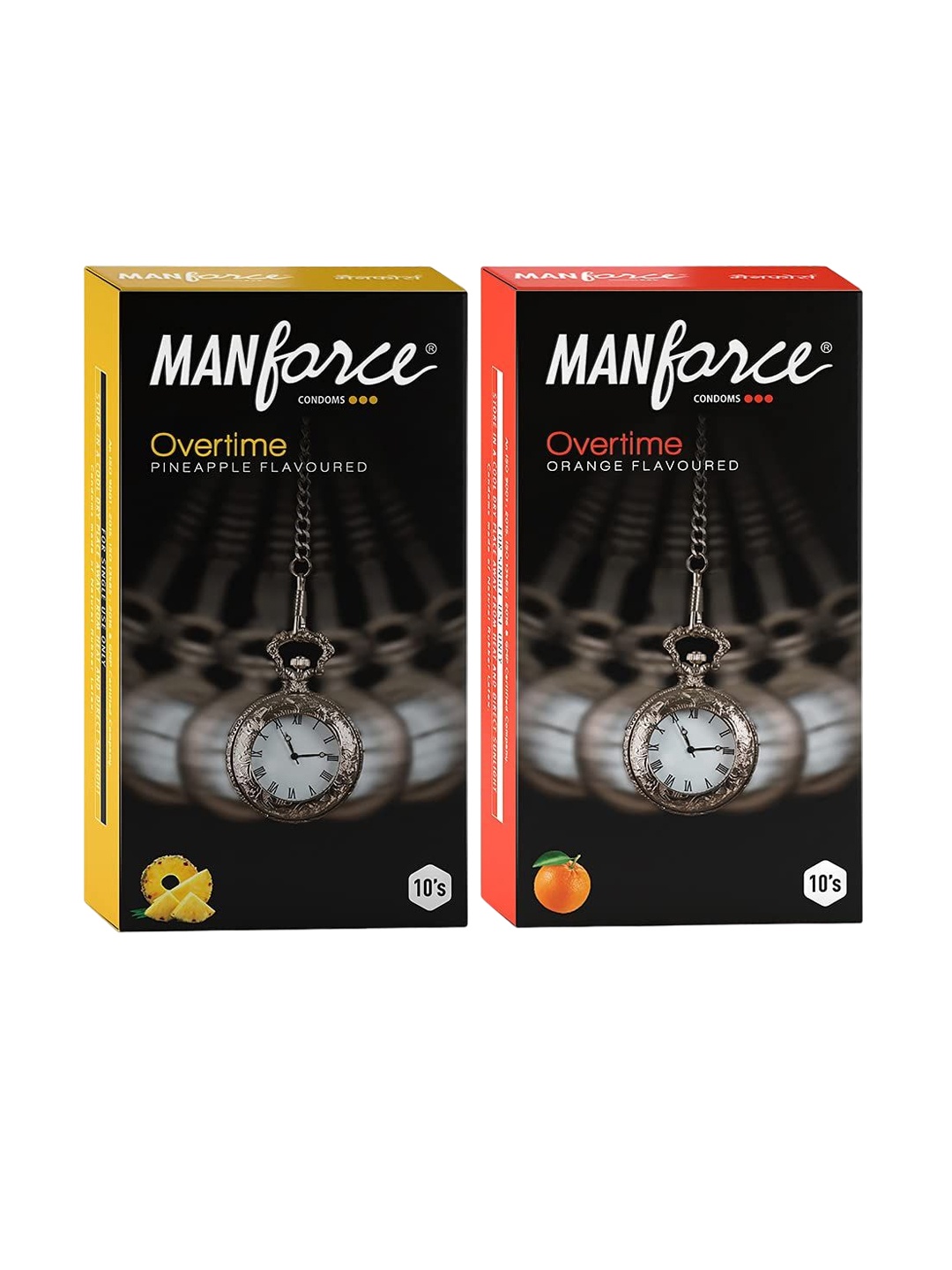 

Manforce Men Set Of 2 Overtime Orange & Pineapple Flavored Condoms - 10 Pcs Each, Black