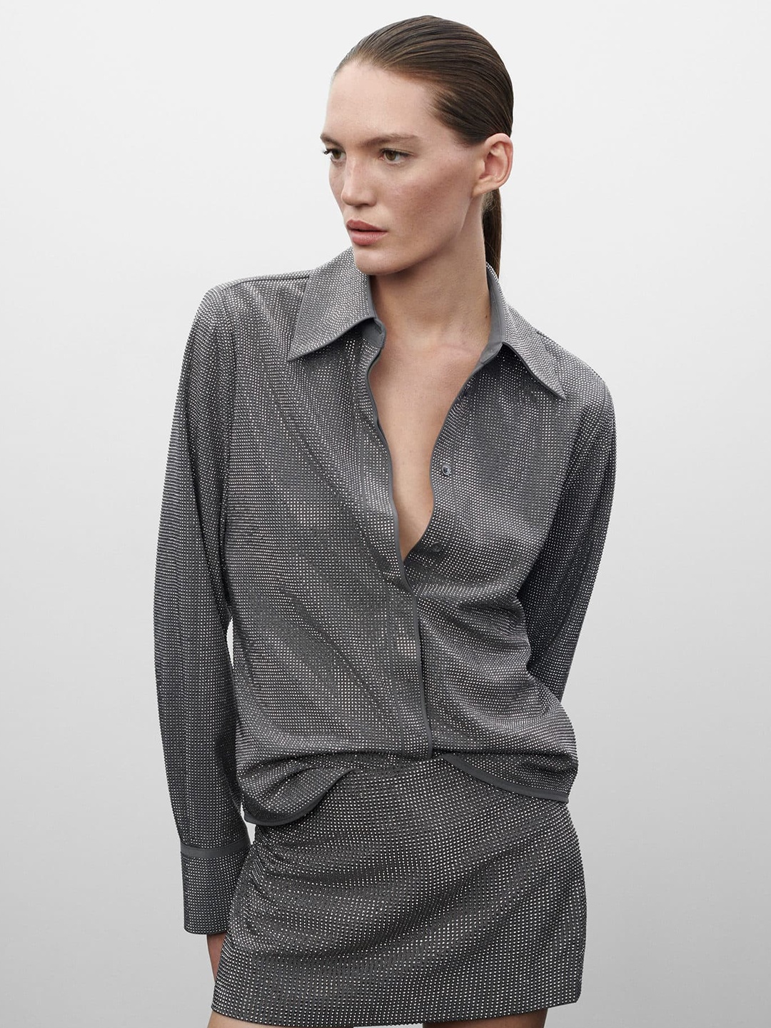 

JEN CABALLOS x MANGO Rhinestone Party Shirt, Grey