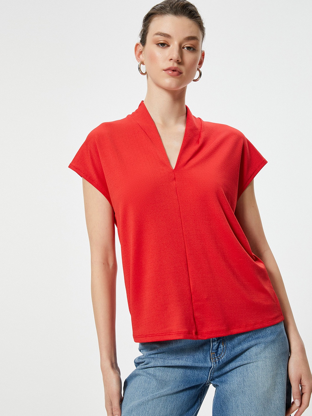 

Koton Women Solid V-Neck Polyester Top, Red