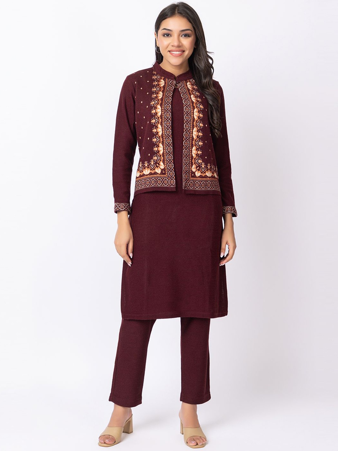 

Anouk Floral Printed Mandarin Collar Jacquard Straight Winter Wear Kurta With Trouser, Maroon