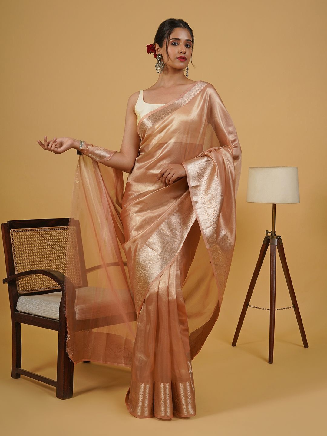 

TEEJH Zari Tissue Banarasi Saree, Peach