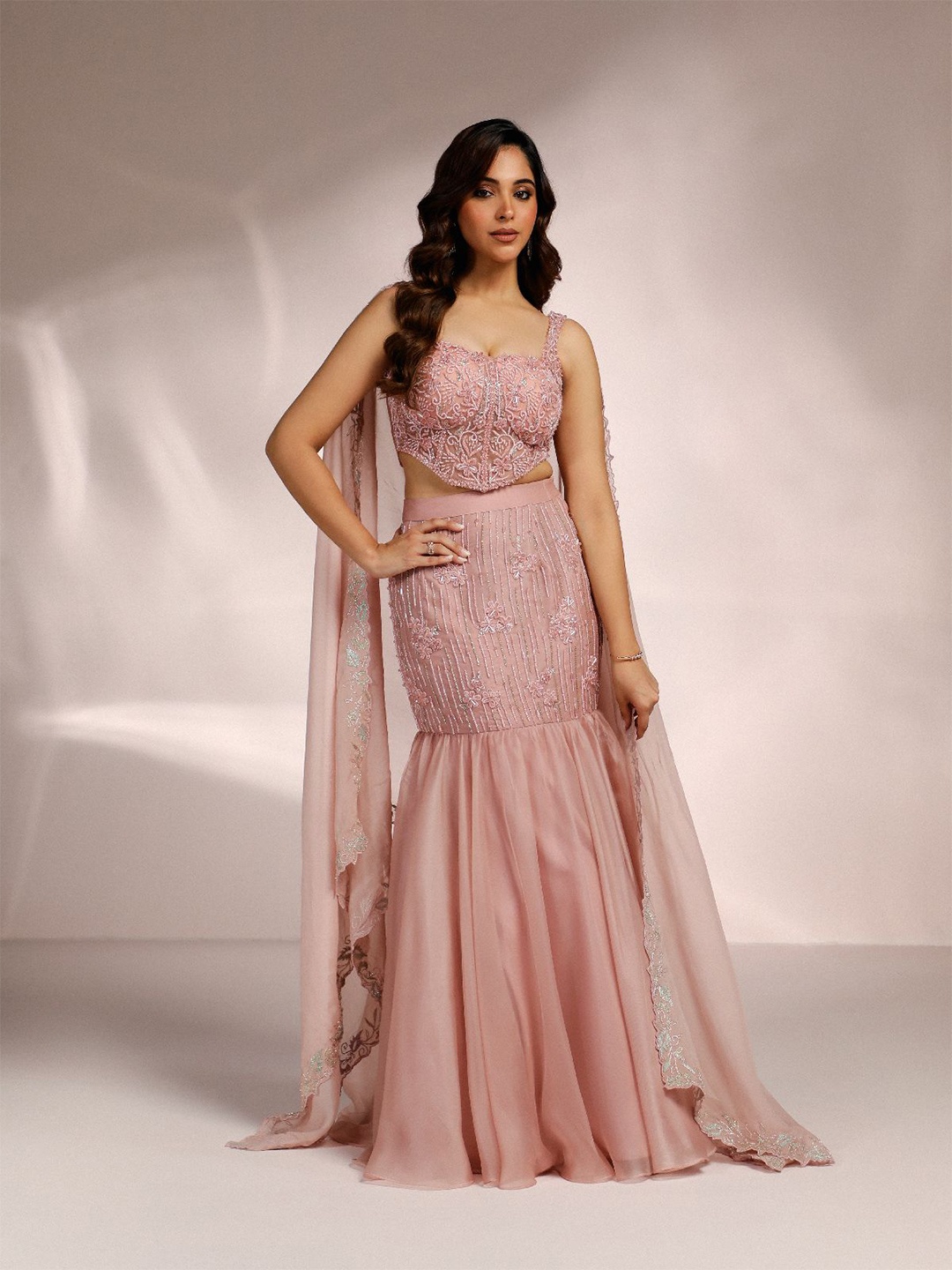 

MONI K LABEL Embellished Beads and Stones Organza Ready to Wear Saree, Pink