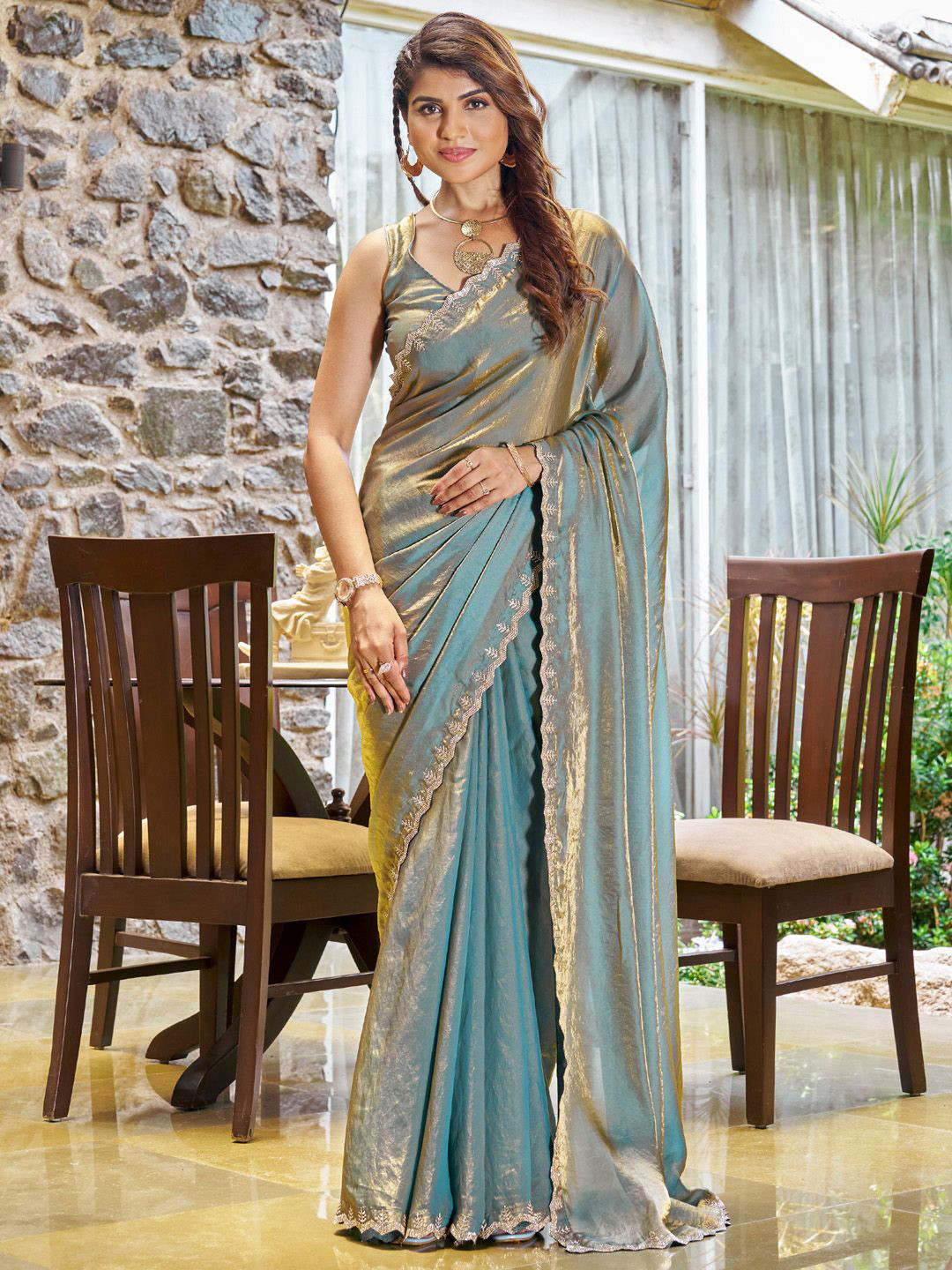 

Saree Mall Teal blue Pure Chiffon Embellished Party Wear Saree with Matching Blouse