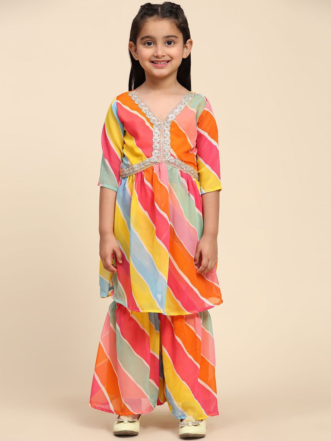 

SHIJILA Girls Striped V Neck A Line Kurta with Sharara, Pink