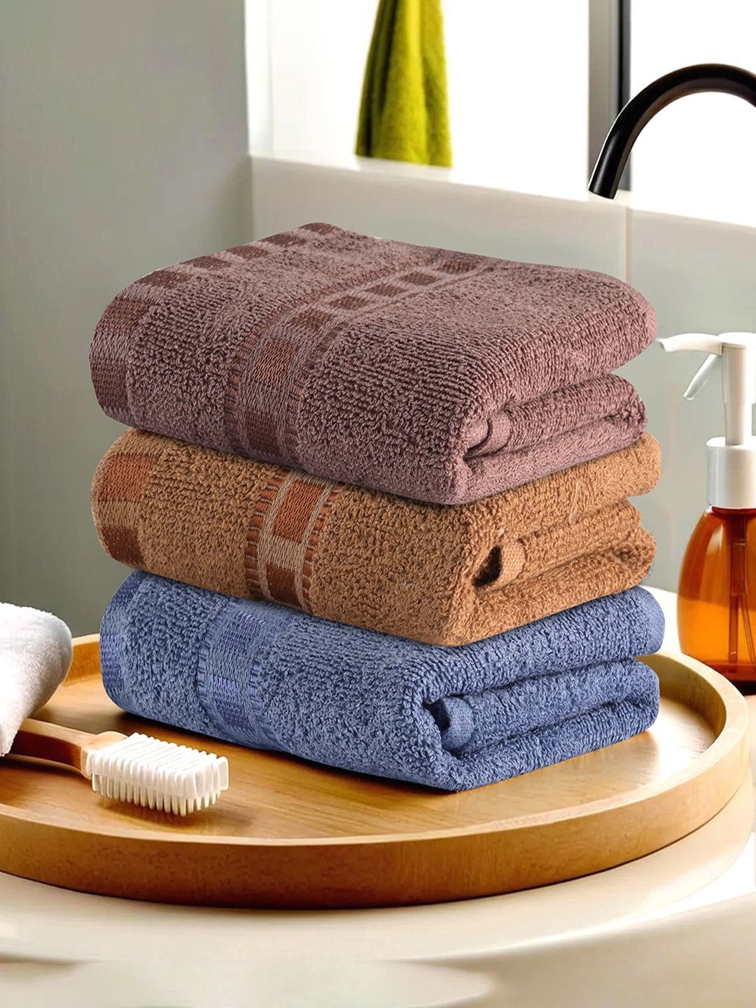 

Kuber Industries Blue & Brown 3 Pieces Striped Cotton Anti-Bacterial 225 GSM Face Towels