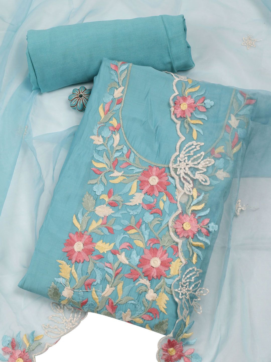 

Meena Bazaar Floral Embroidered Chanderi Unstitched Dress Material, Blue