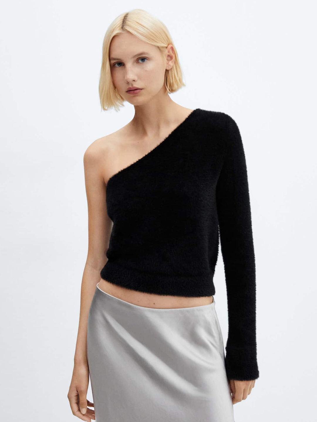 

MANGO Faux-Fur One Shoulder Pullover, Black