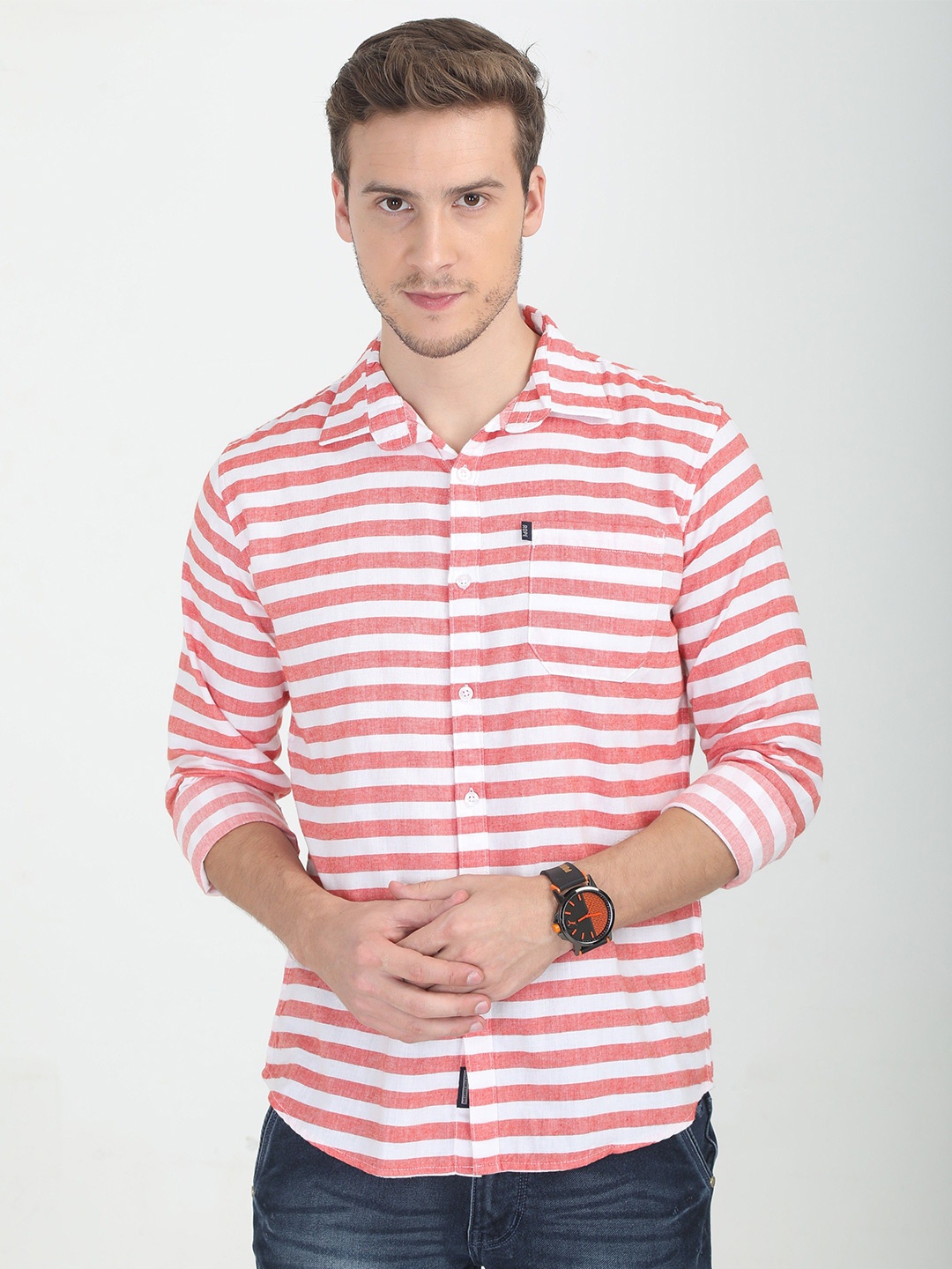 

Rope Men Standard Spread Collar Horizontal Striped Cotton Slim Fit Casual Shirt, Pink