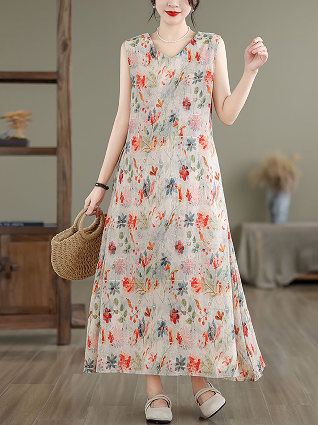 

JC Mode Floral Printed A-Line Maxi Dress, Beige