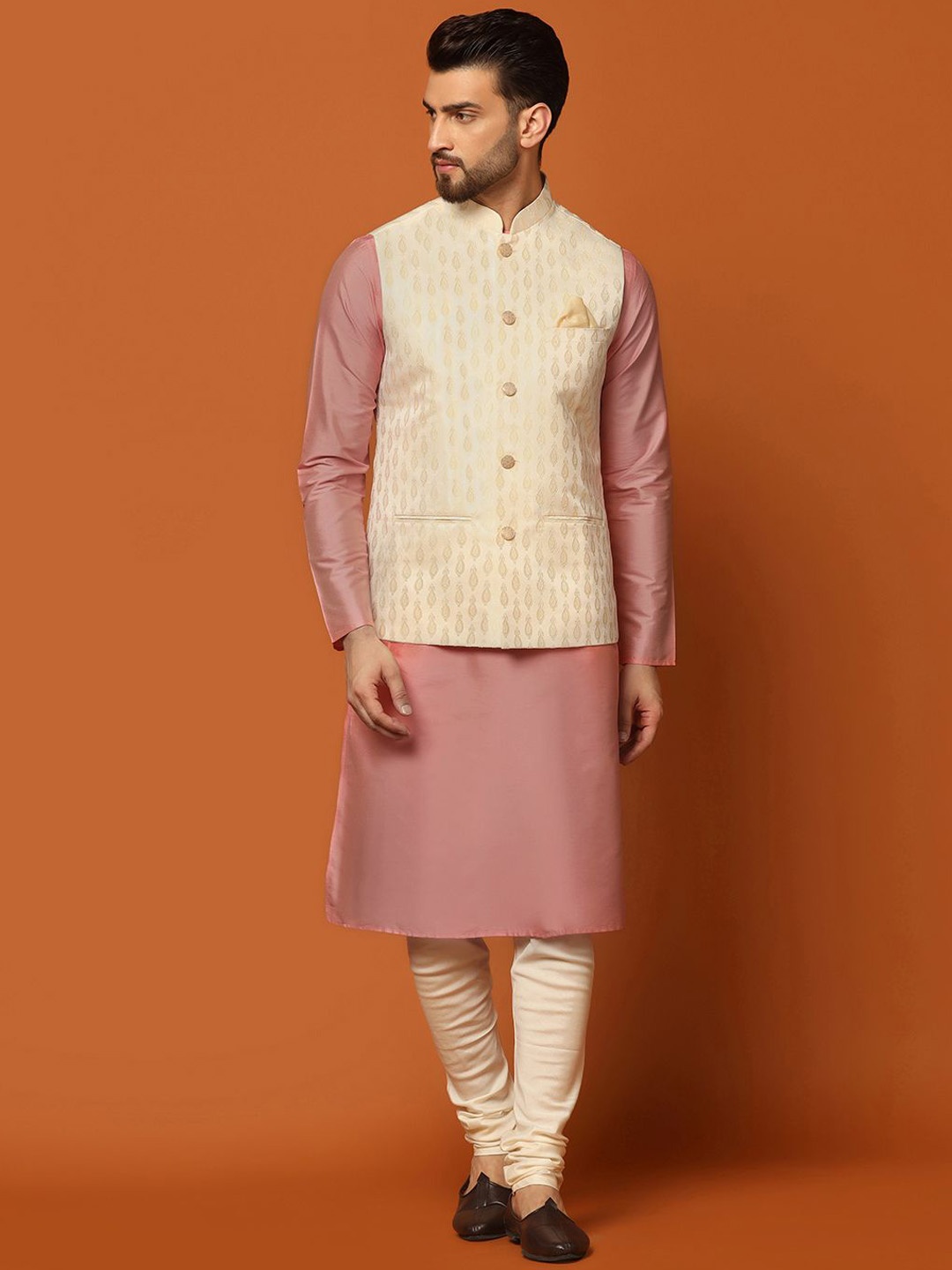 

Anouk Ethnic Motifs Mandarin Collar Regular Straight Kurta with Churidar, Cream