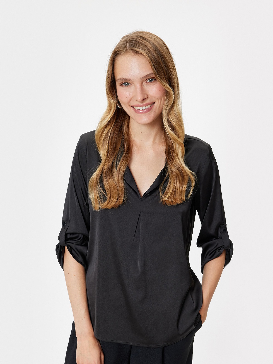 

Koton Women Solid V-Neck Polyester Top, Black