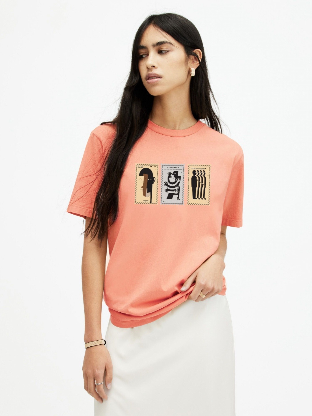 

MISCHIEF MONKEY Women Typography Printed Pockets T-shirt, Peach