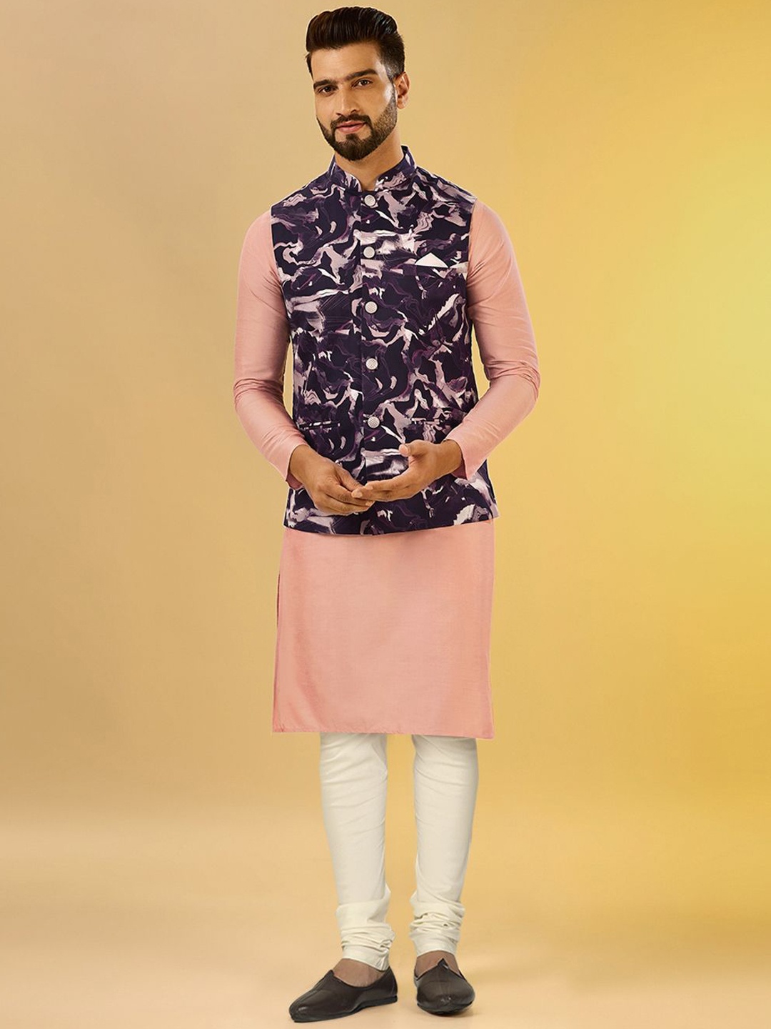 

Anouk Peach & Purple Abstract Printed Regular Kurta with Churidar & Nehru jacket