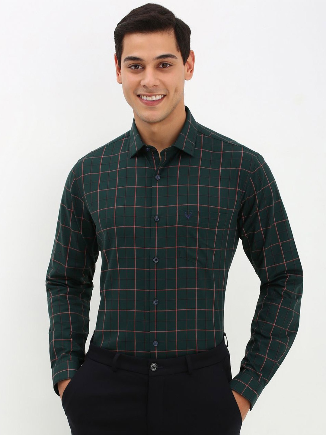 

Allen Solly Men Slim Fit Opaque Checked Formal Pure Cotton Shirt, Green