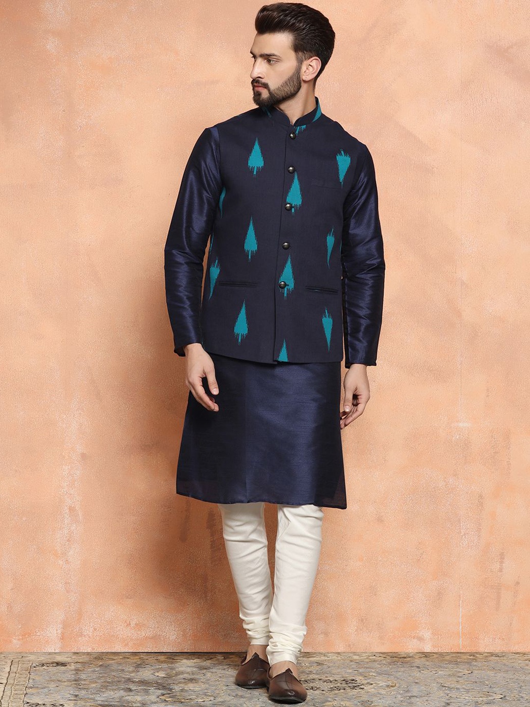 

Anouk Navy Blue Mandarin Collar Straight Kurta with Churidar & Printed Nehru jacket