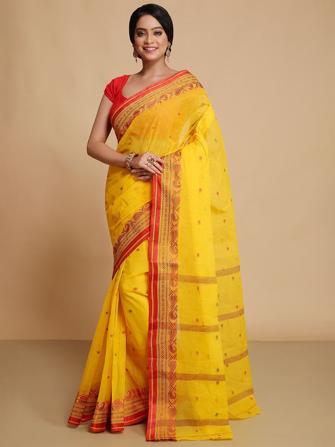 

WoodenTant Woven Design Zari Pure Cotton Taant Saree, Yellow