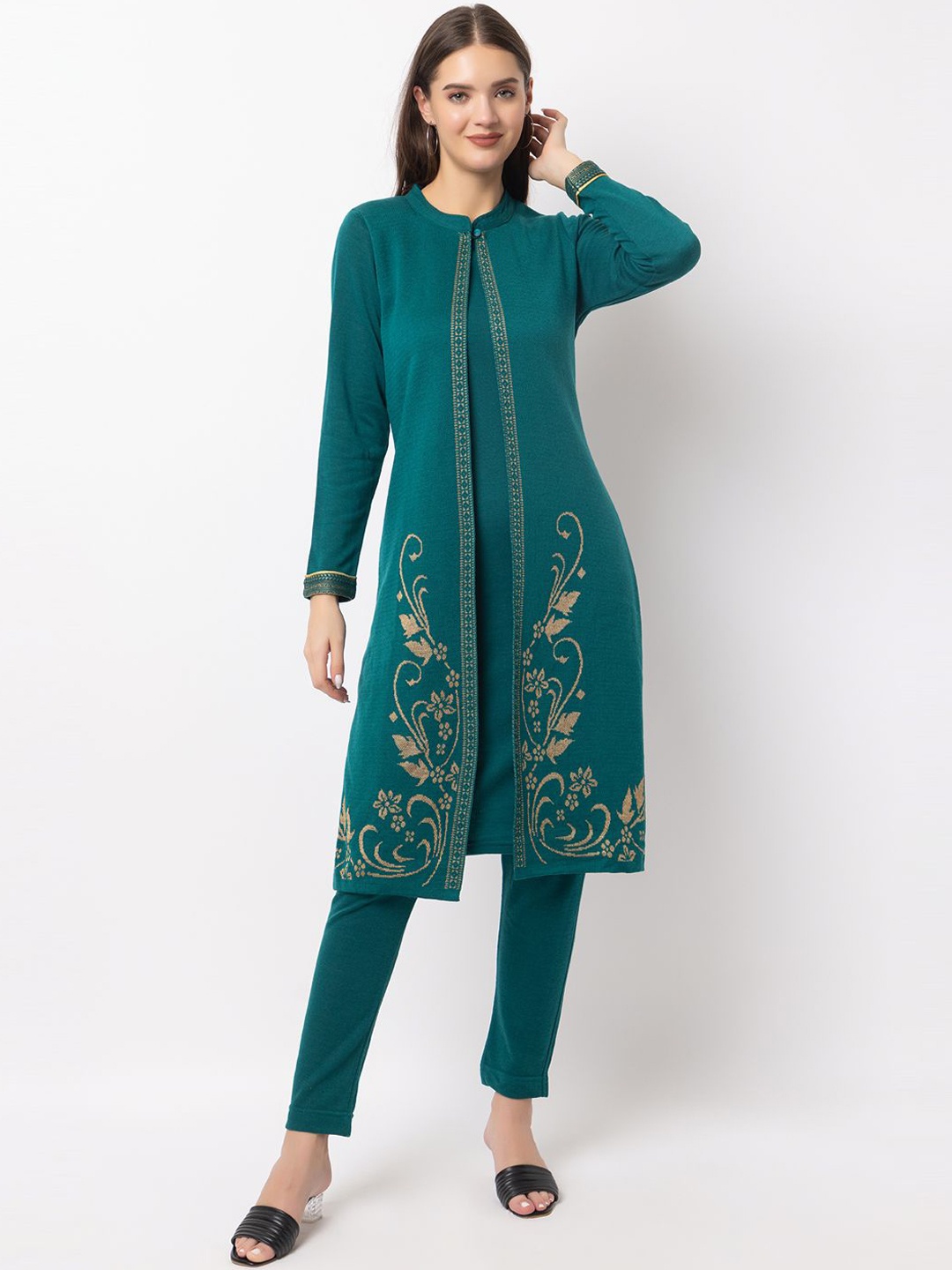 

Anouk Green Floral Printed Mandarin Collar Jacquard Winter Wear Straight Kurta With Trousers