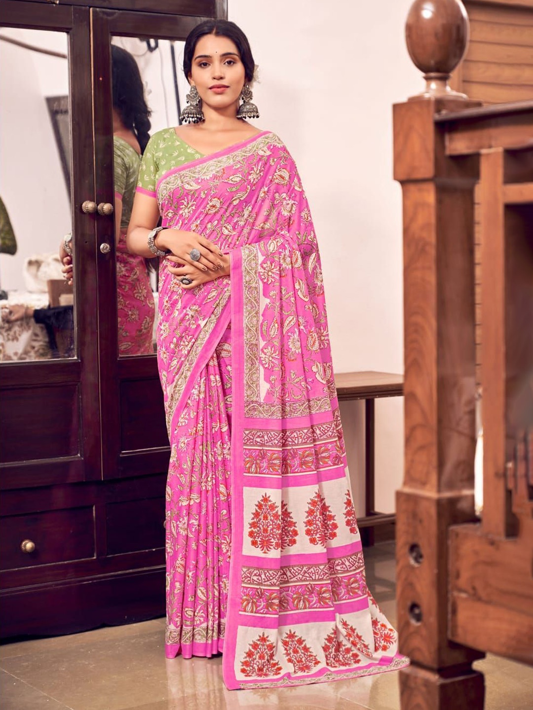 

Suha Printed Pure Cotton Saree, Pink