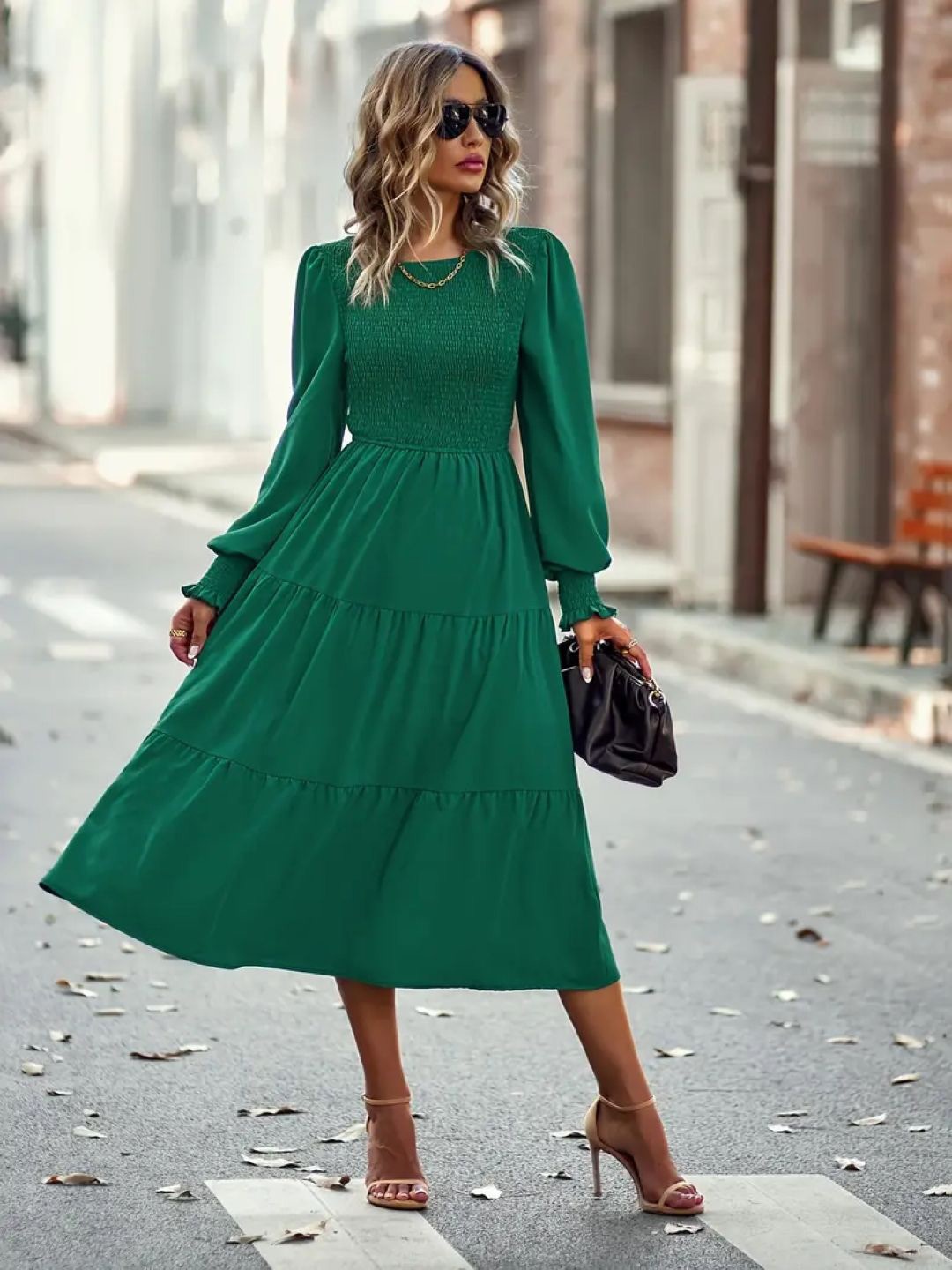 

StyleCast Cuffed Sleeve Tiered Fit & Flare Midi Dress, Green