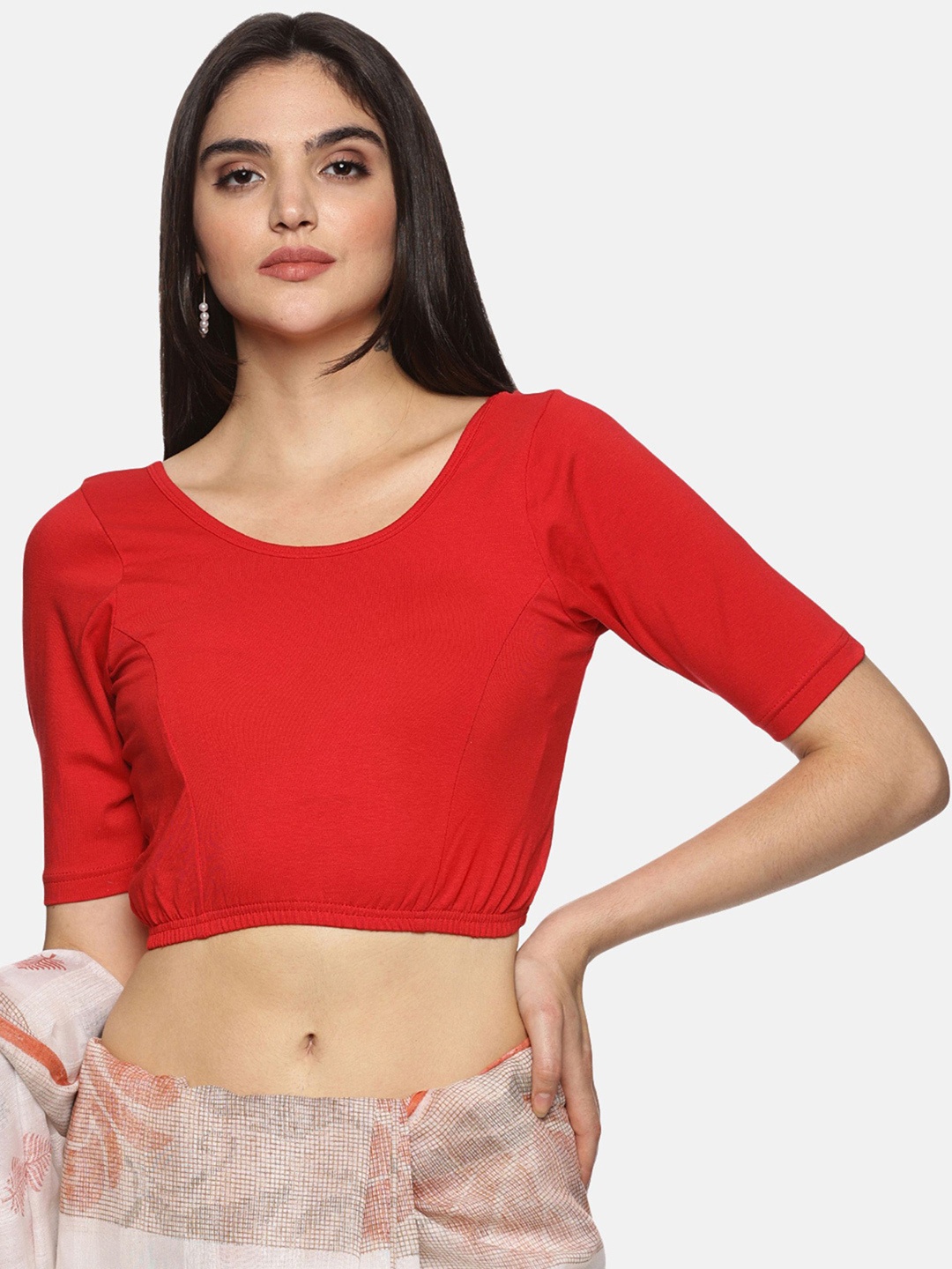 

NOT YET by us Printed Round Neck Saree Blouse, Red