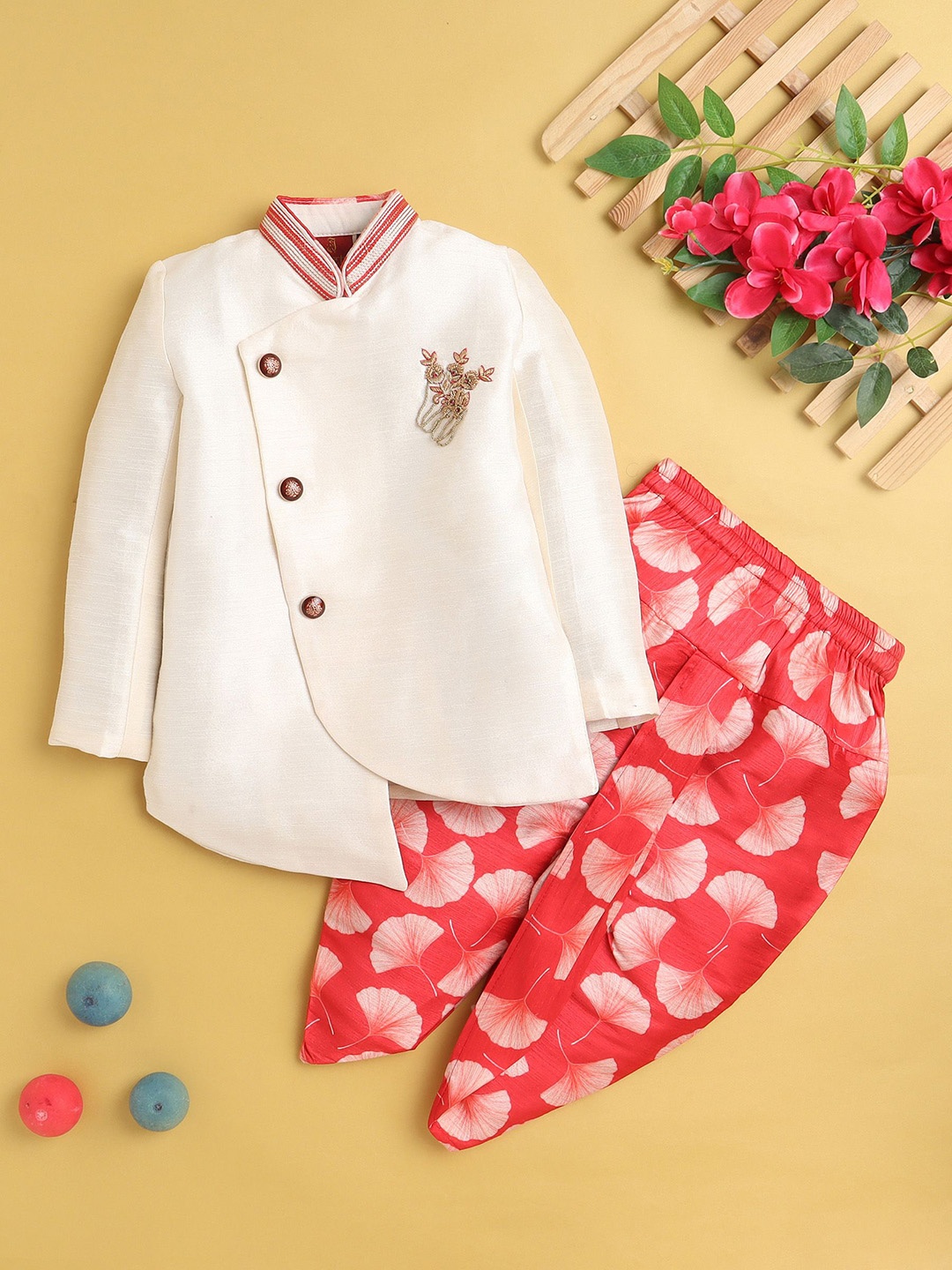 

Jeetethnics Boys Mandarin Collar Angrakha Straight Kurta with Dhoti Pants, Cream
