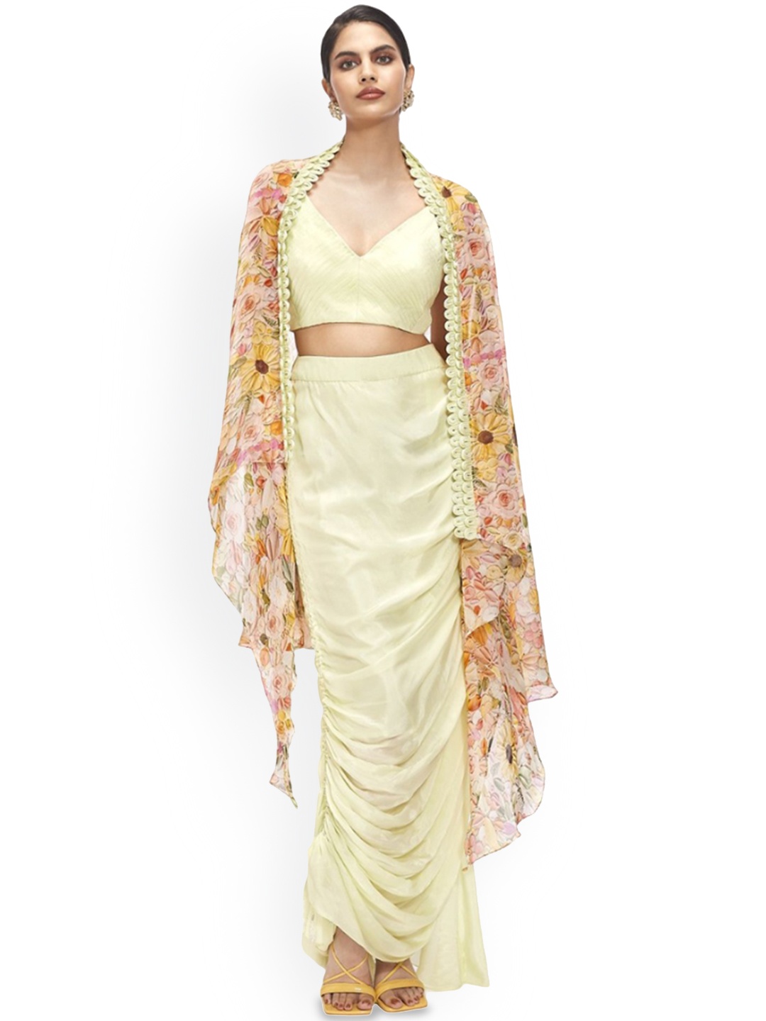 

Sayaanika Ariel Textured Shoulder Straps Bustier With Gathered Drape Skirt & Jacket, Green