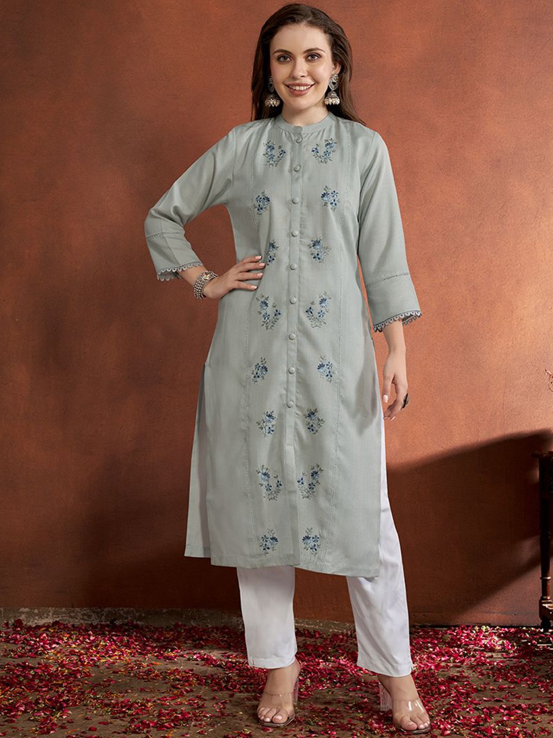 

Anouk Grey Floral Embroidered Mandarin Collar A-Line Kurta