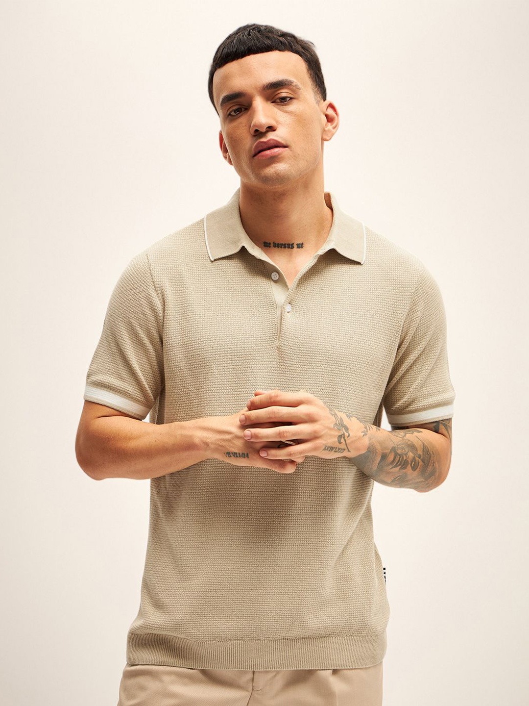 

THE BEAR HOUSE Men Solid Polo Collar Cotton T-shirt, Beige