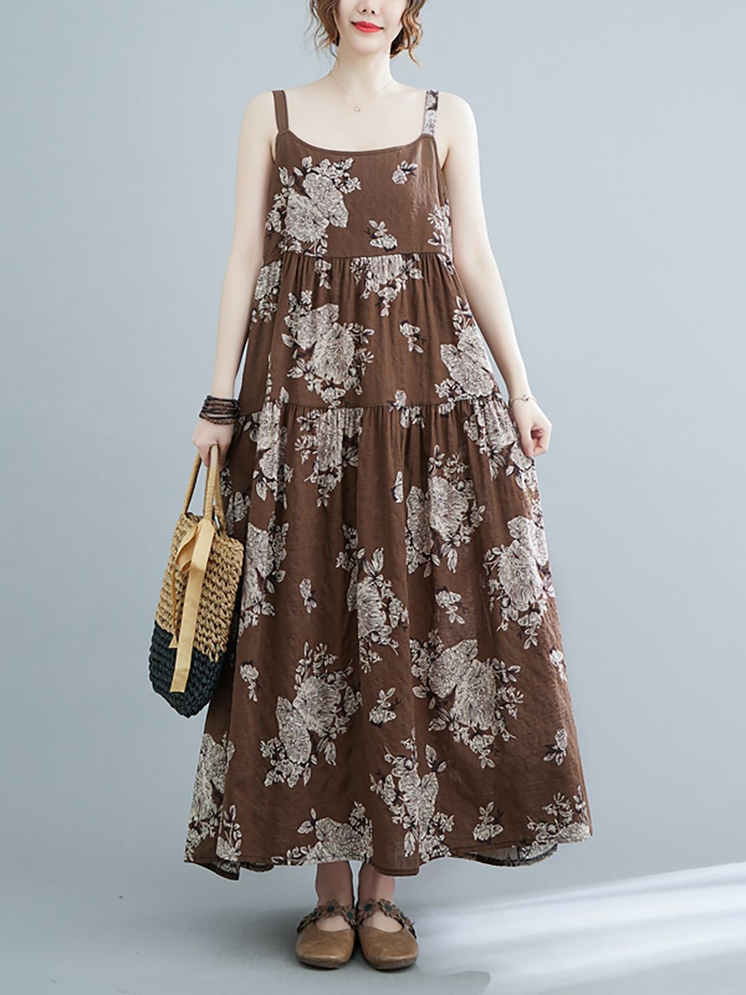 

JC Mode Women Floral Print Maxi Dress, Coffee brown