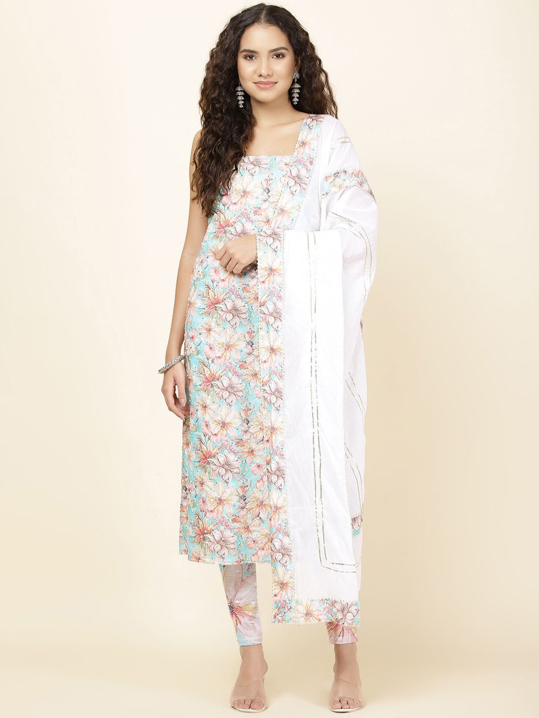 

Meena Bazaar Floral Printed Cotton Unstitched Dress Material, Blue