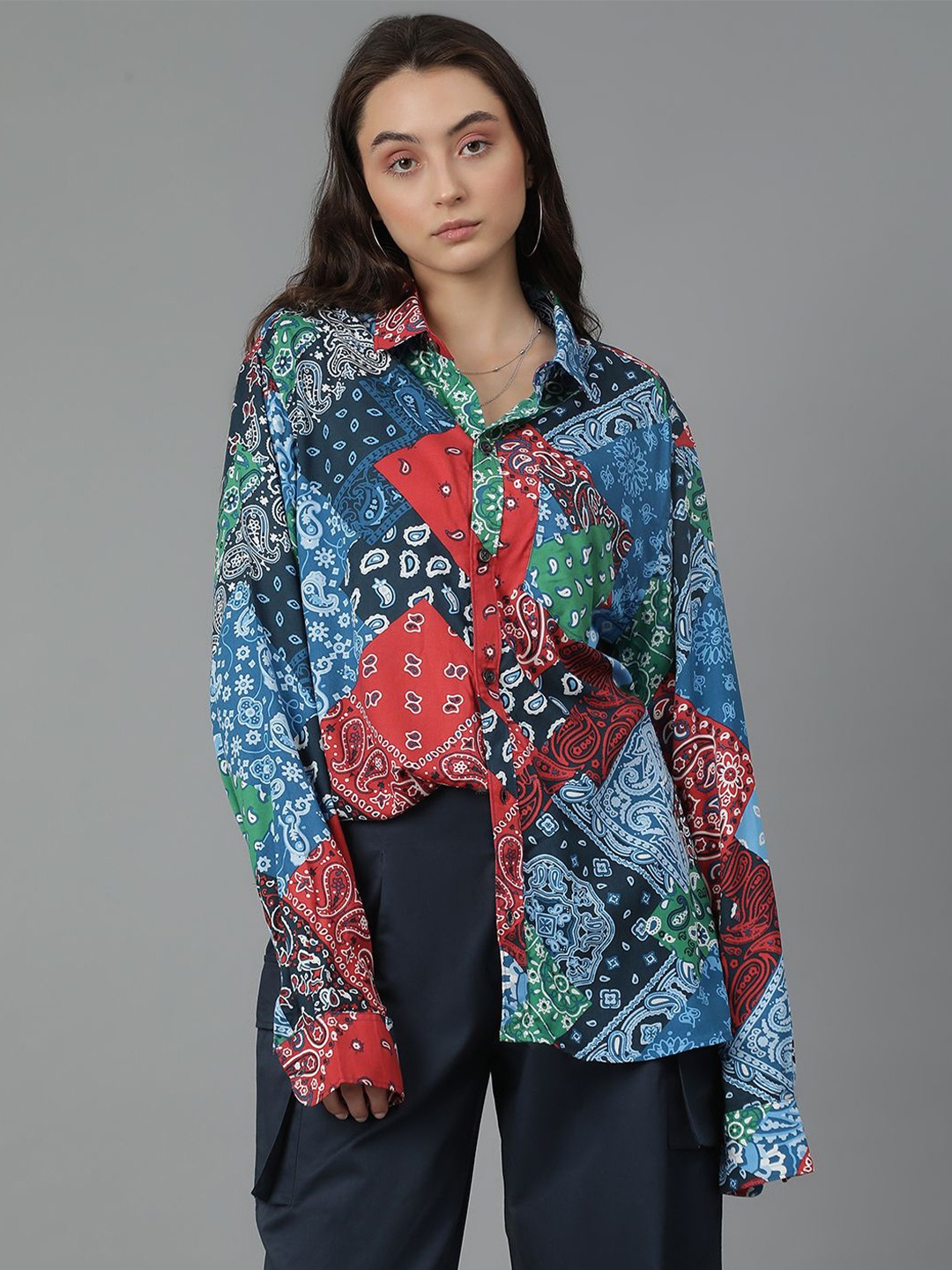 

Kotty Women Spread Collar Abstract Printed Cotton Oversized Casual Shirt, Blue