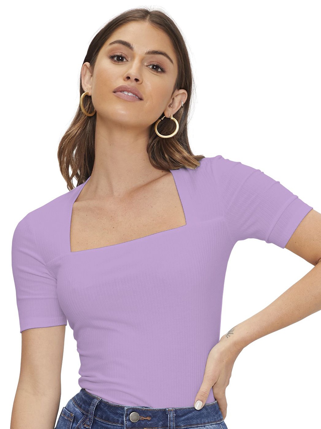 

BAESD Women Solid Square Neck Top, Purple
