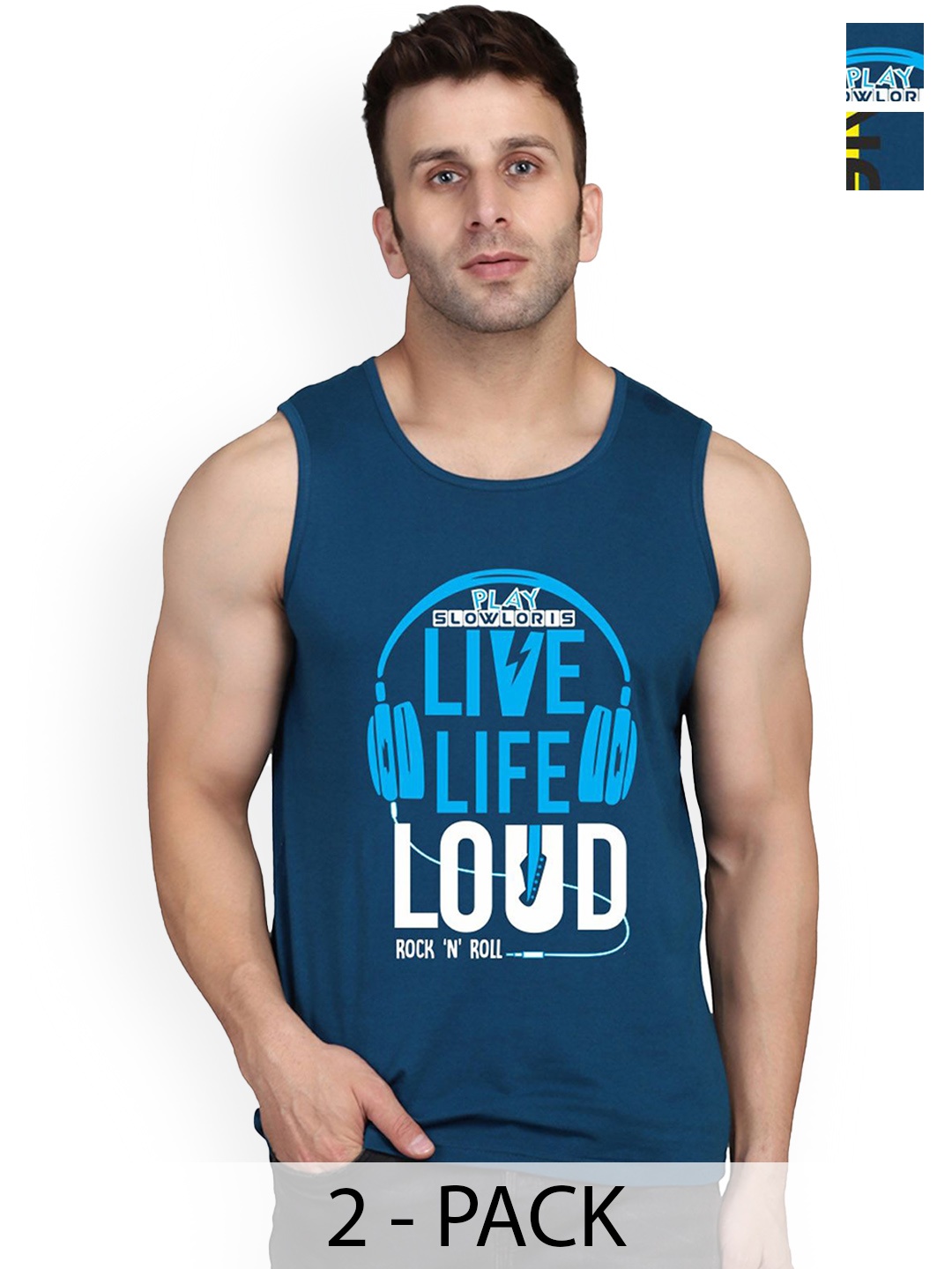 

SLOWLORIS Pack Of 2 Men Printed Gym Vests, Teal