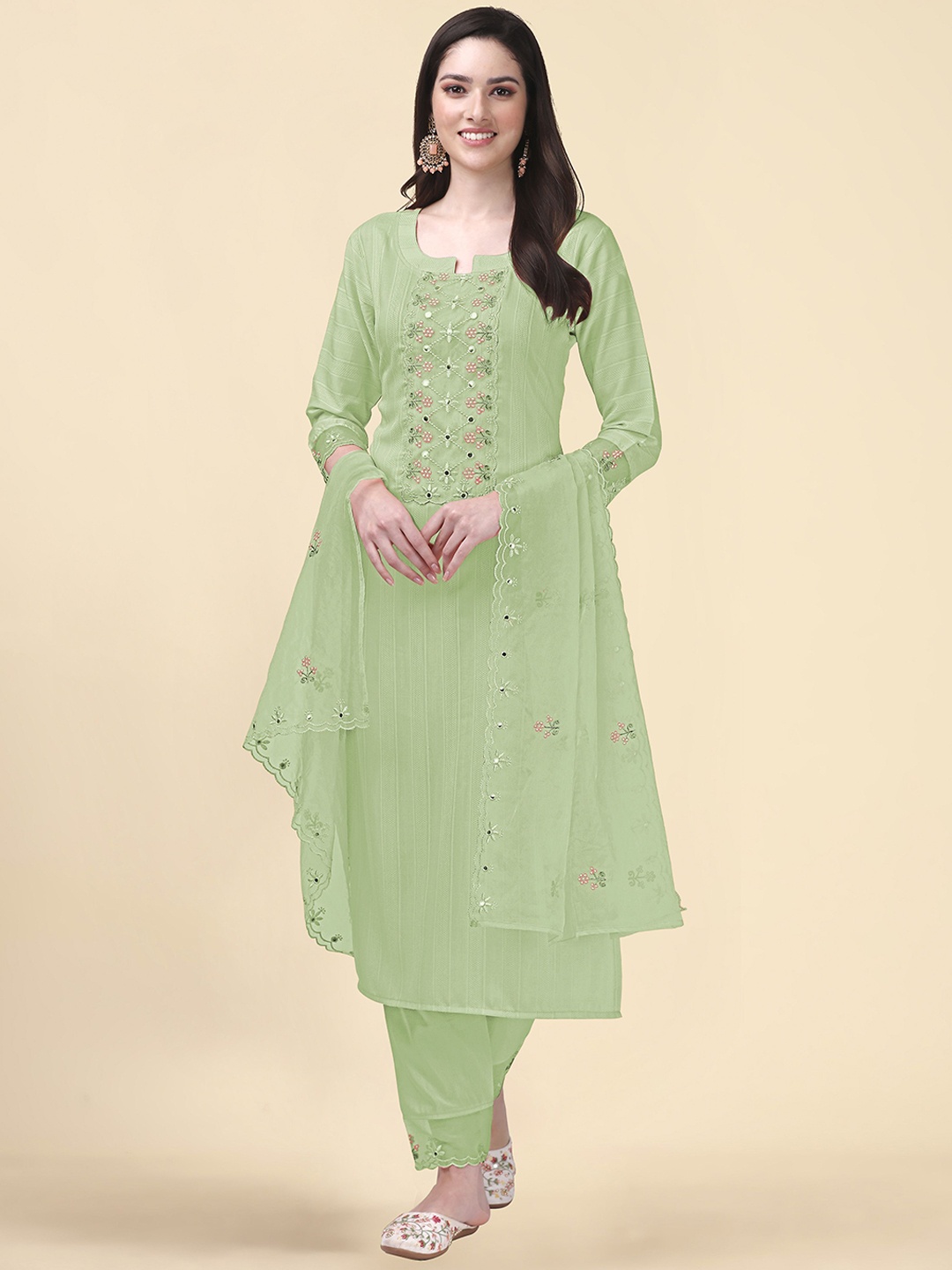 

Trendmalls Floral Embroidered Straight Kurta with Trousers & With Dupatta, Green