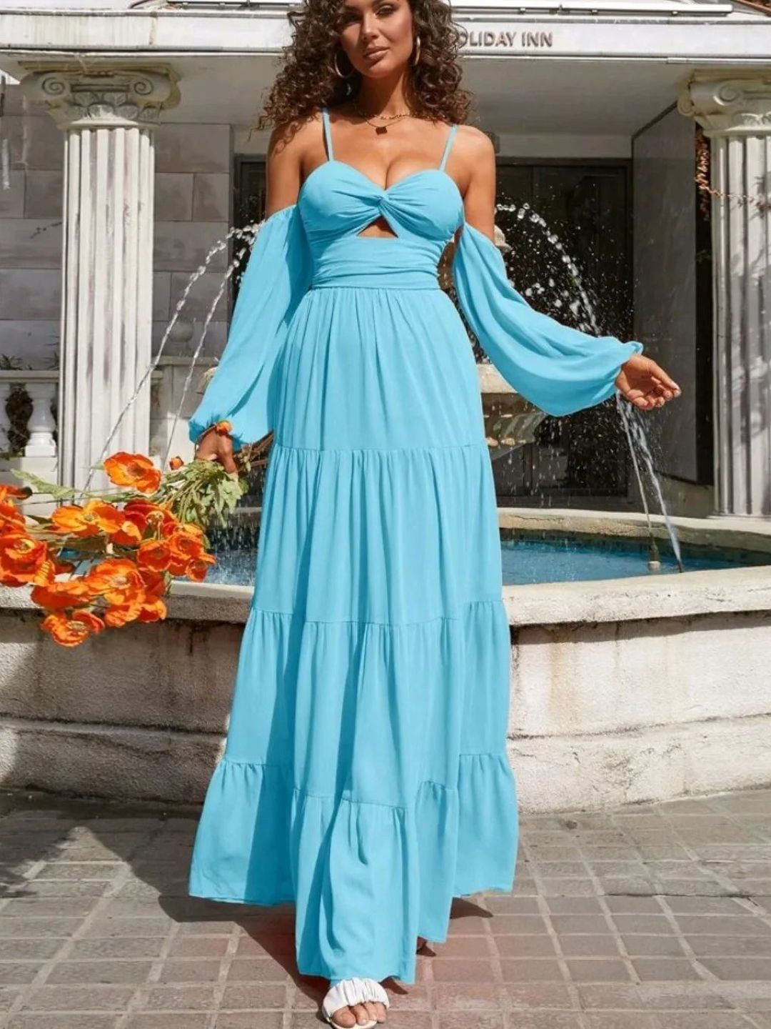 

StyleCast Women Shoulder Straps Puff Sleeves Fit and Flare Dress, Blue