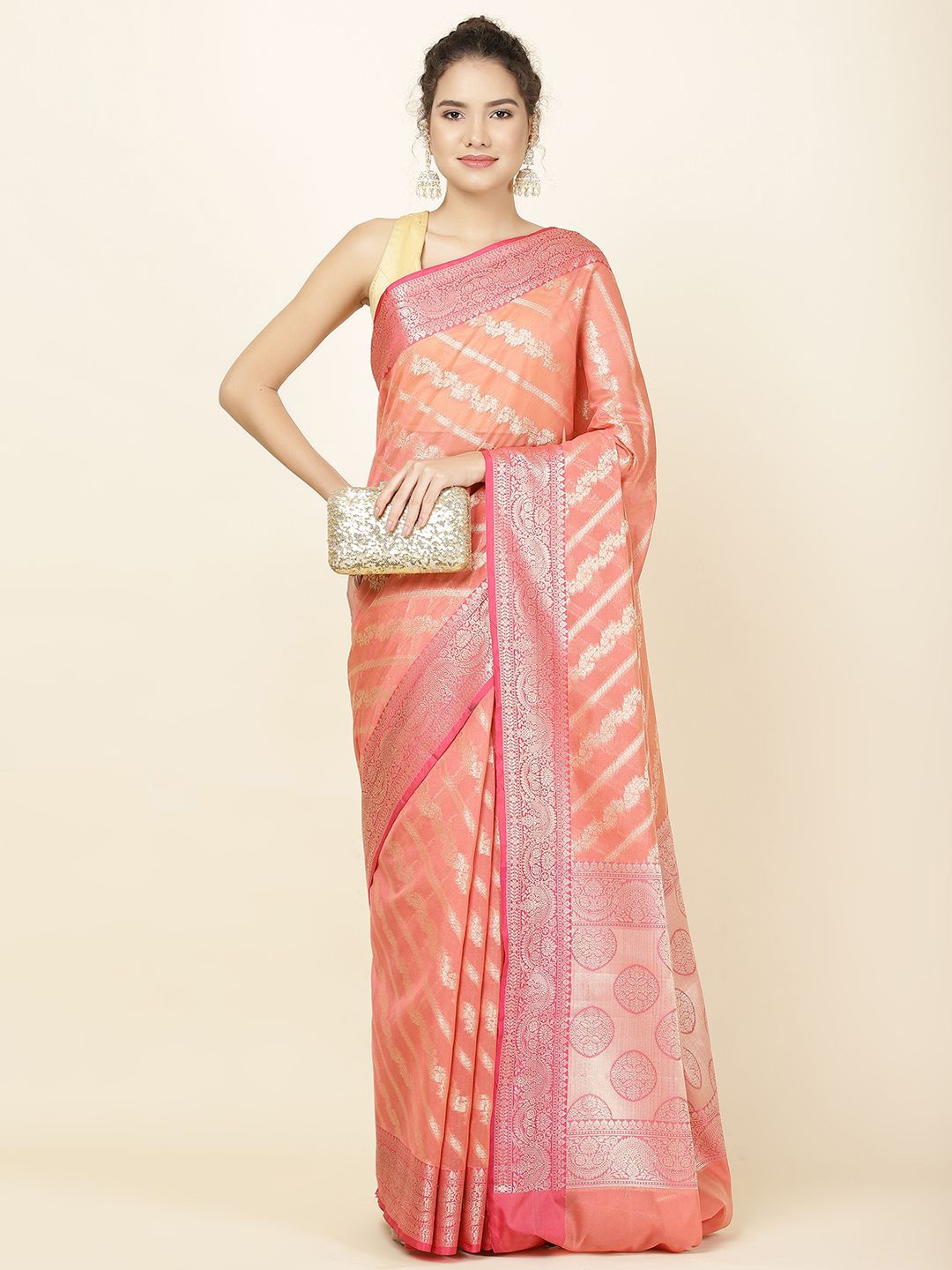 

Meena Bazaar Striped Woven Design Zari Saree, Peach